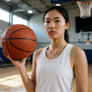 女性篮球爱好者用户头像，手持篮球站在球馆